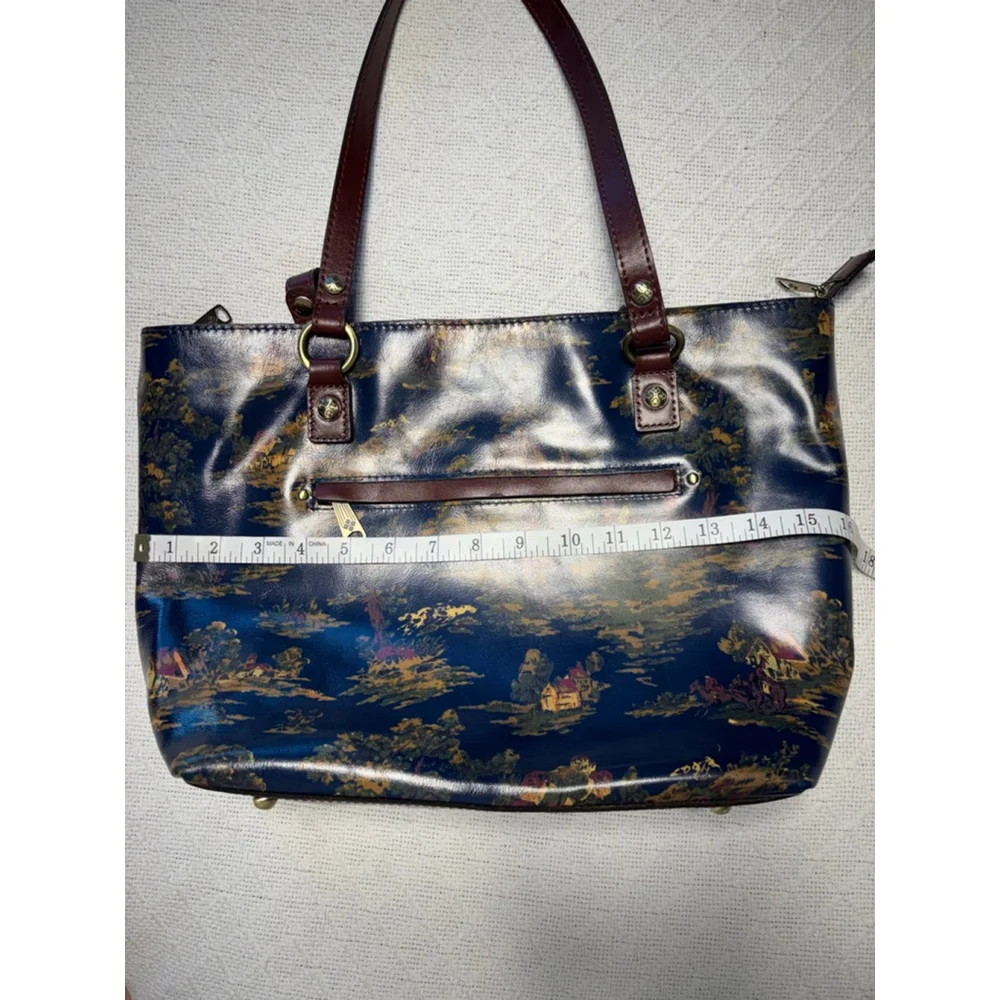 Patricia Nash Navy Tote with Brown Leather Handles and Scenic Gold & Pink Print - Picture 6 of 15